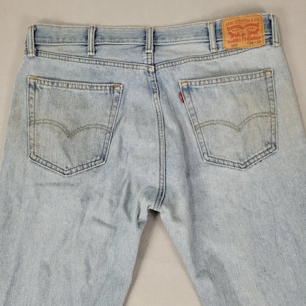 Levi 505 Jeans Mens Size 38x30 Blue Light Wash Straight Leg Distressed Stains
